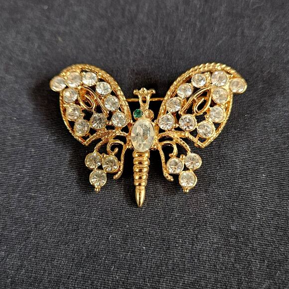 Gold Tone Butterfly Brooch Pin Rhinestones Grandmacore Church - Picture 1 of 5